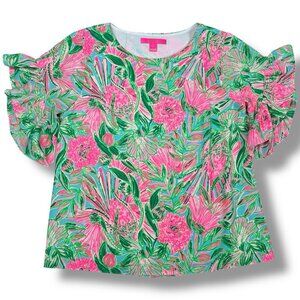 Lilly Pulitzer Darlah Blouse Top Sz S Coming In Hot Floral Flutter Ruffle Sleeve